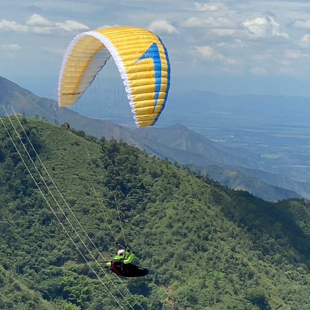 RC Gleitschirm Phasor in der Farbe gold und blau mit Liegegurt Rocket V2 fliegt am bewaldeten Hang vorbei